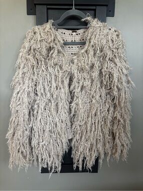 Free People Shag Fringe Open Knit Cardigan Sweater S/P Boho Oatmeal